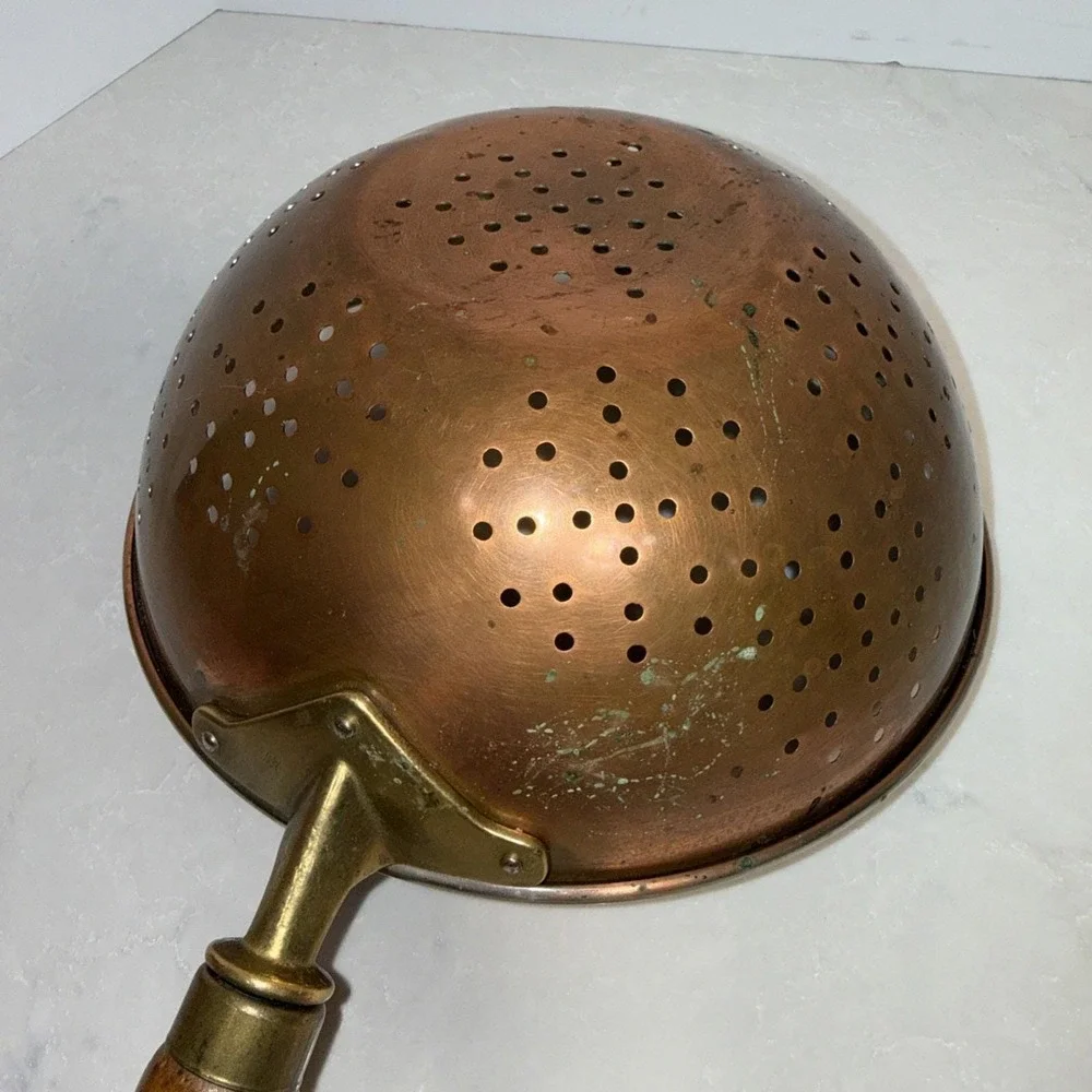 Vtg Copper and Brass Colander Strainer Kitchenware Brass And Wood Handle